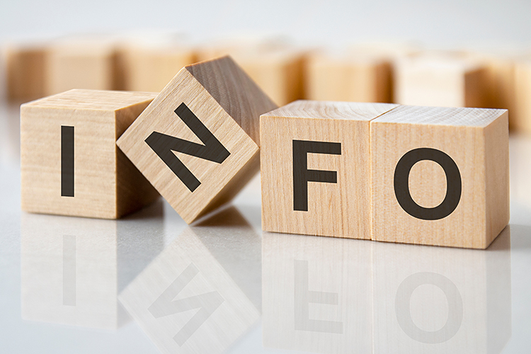 four wooden blocks with the letters info on the bright surface of a gray table, business concept